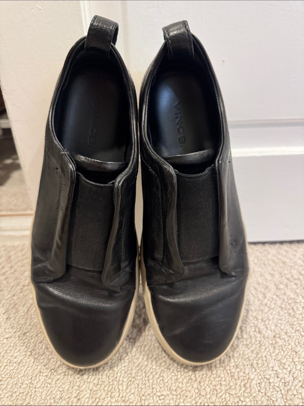 Vince Barron Black Leather Slip-On Sneakers with Off-White Sole